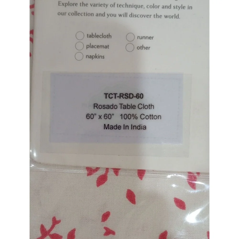 John Robshaw Textiles 100% Cotton Block Print Rosado Table Cloth, 60